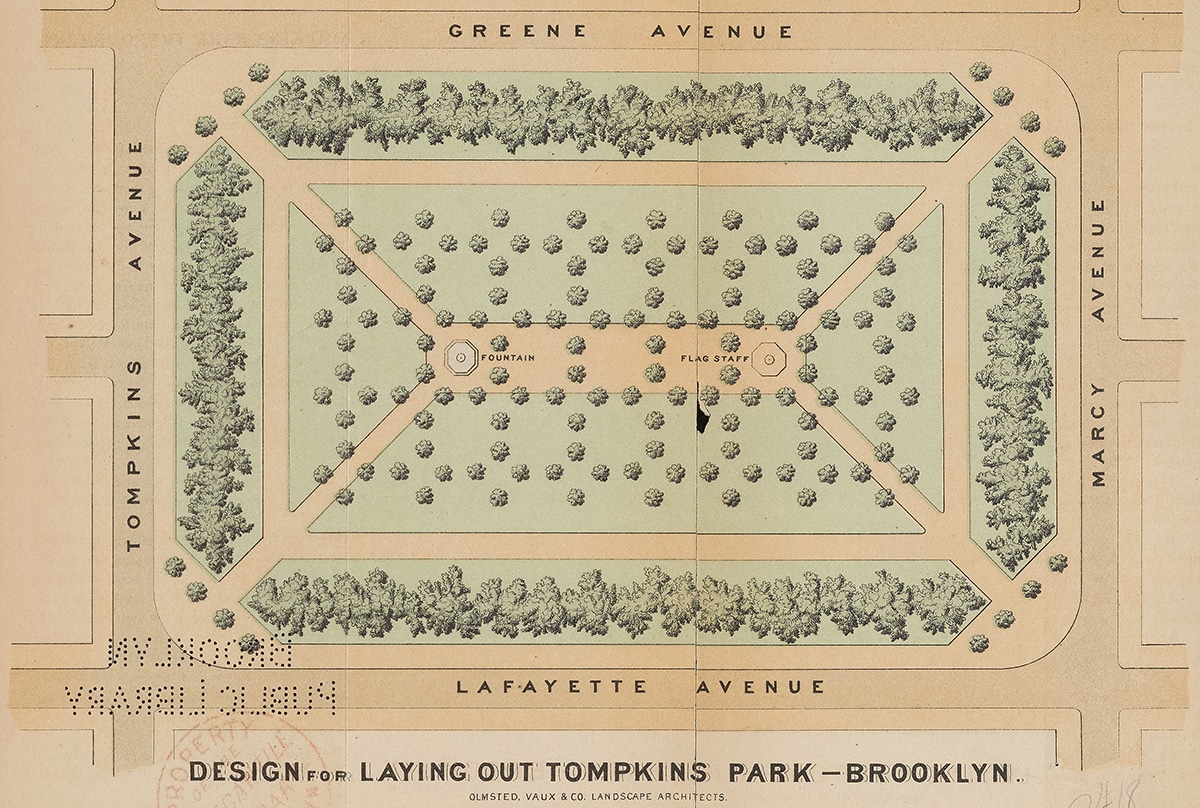 drawing of the park layout with a label of Olsted and Vaux