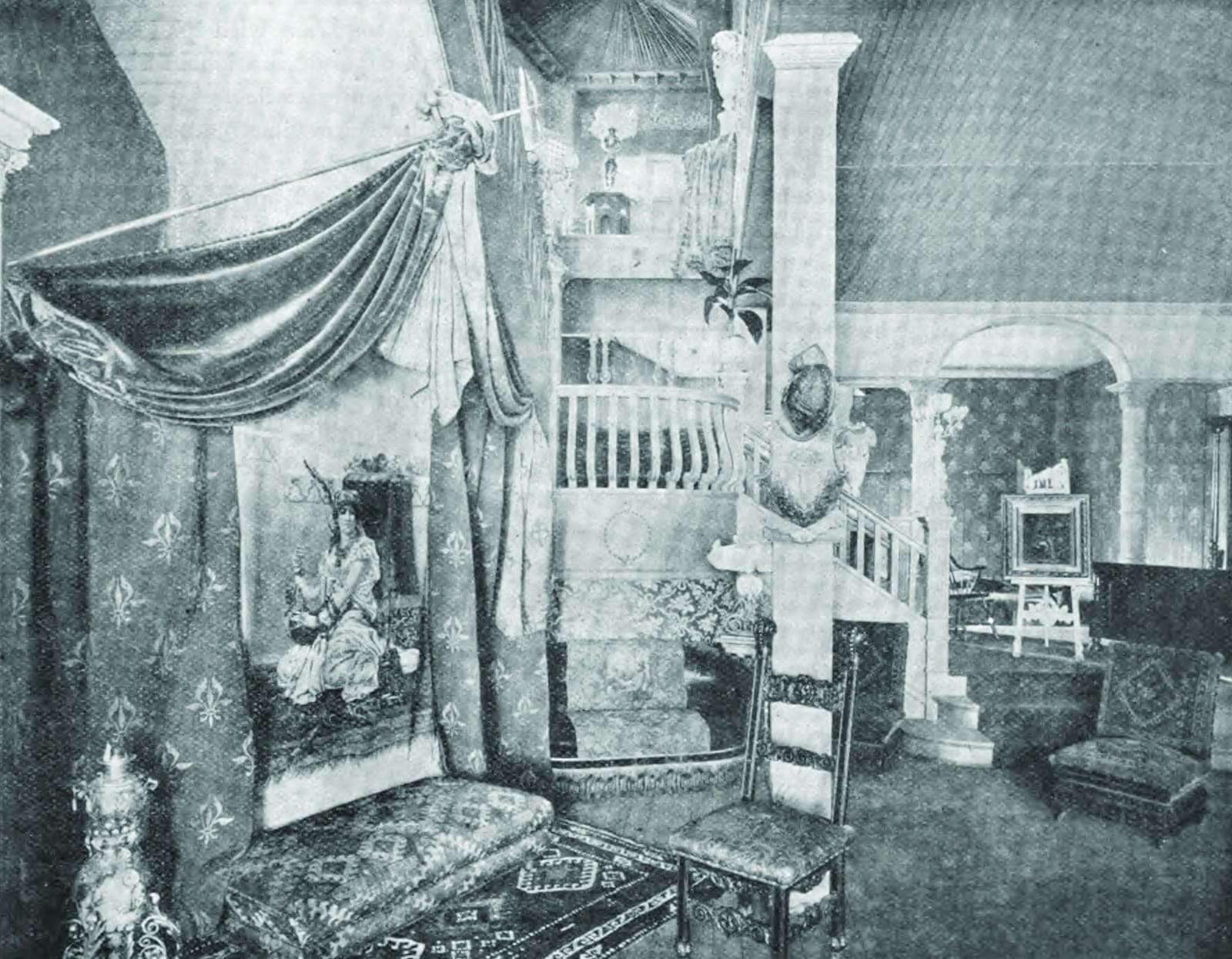 black and white illustration of a showroom with furniture, carpets and drapery