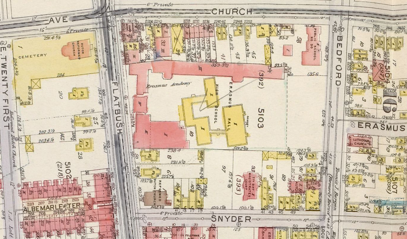 brooklyn - map showing the masonry and wood frame buildings making up the high school in 1917