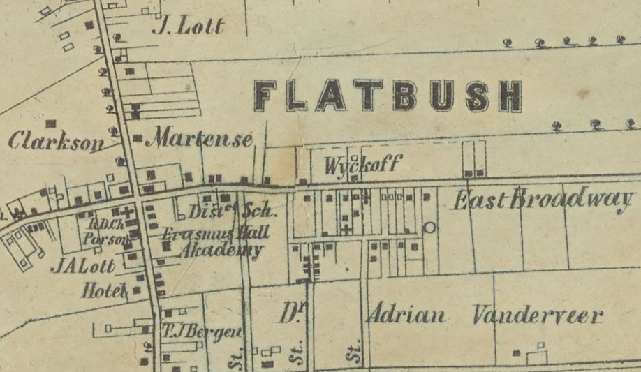 map showing the land owners in flatbush as well as some buildings including erasmus hall academy and the flatbush reformed church