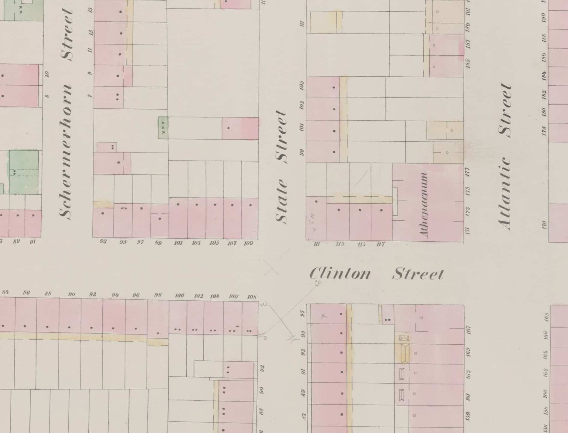 map showing the building marked as pink, indicating brick