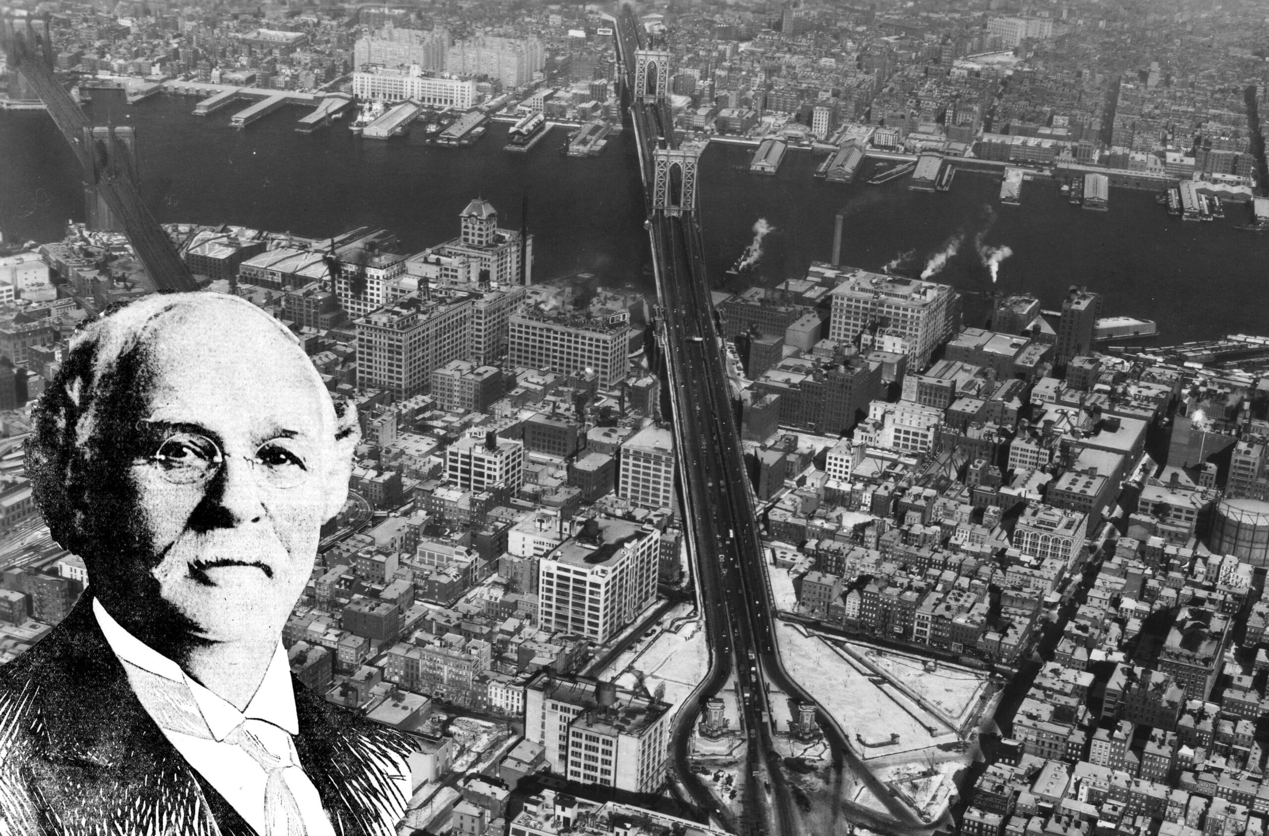 robert gair black and white portrait over and aerial view of dumbo showing the brooklyn and manhattan bridges