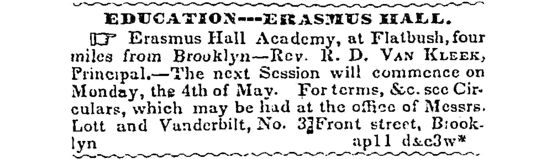 black and white newspaper ad for the next session of classes