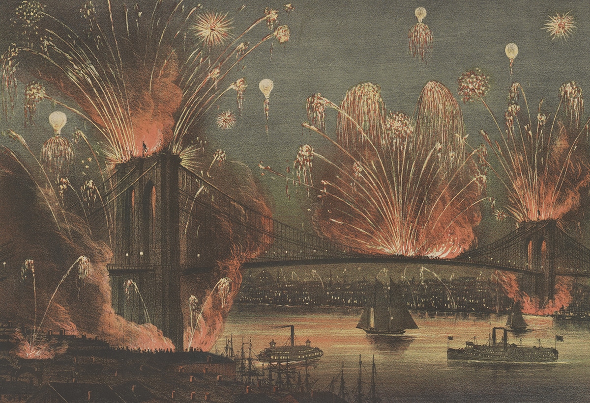 lithograph of fireworks over the brooklyn bridge