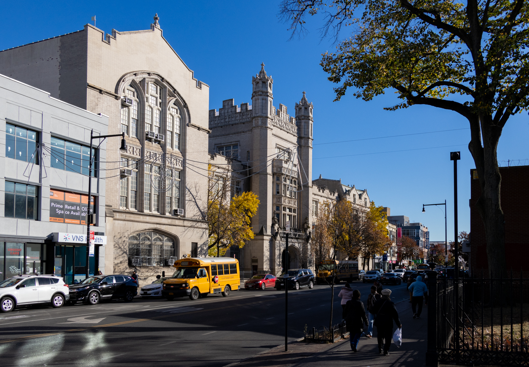 flatbush avenue view of the gothic buildings of erasmus high school