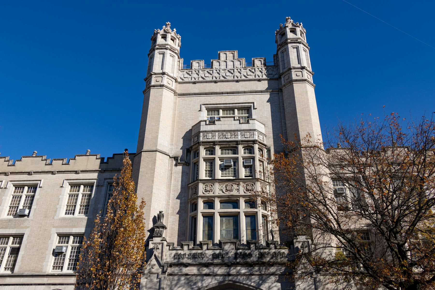 view of the central tower above the entrance to erasmus high school