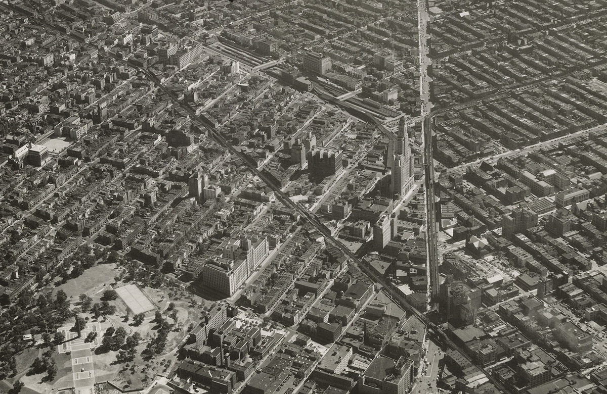 a black and white aerial showing fort greene park and buildings in fort greene