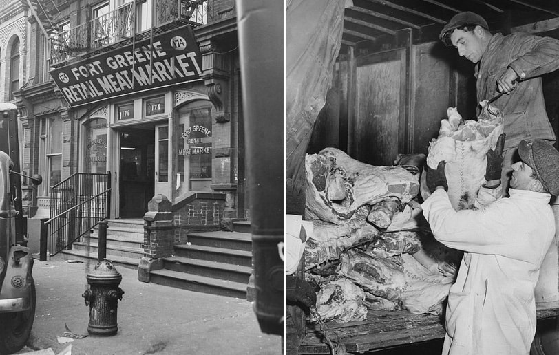 black and white photos of meat market buildings and workers