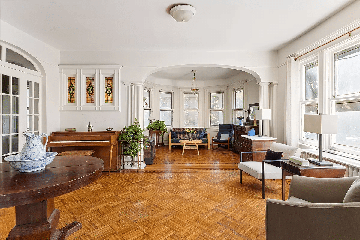 flatbush - parlor with windowed niche, parquet floor, stained glass