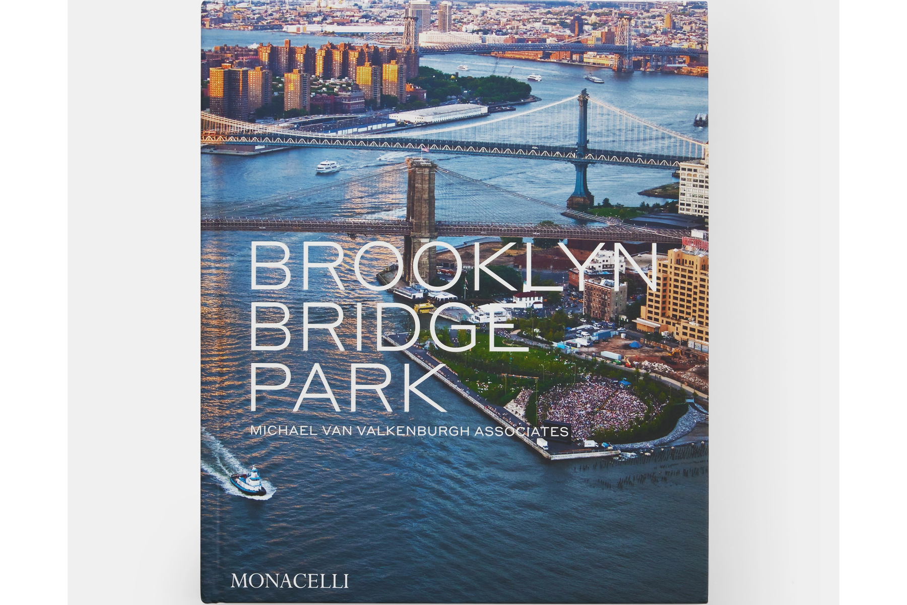 book cover with aerial view of brooklyn waterfront, bridge and park