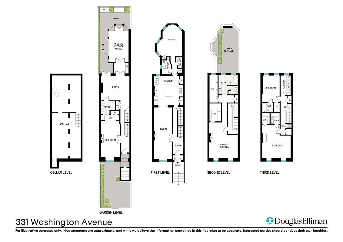 floorplan showing four floors of living space with kitchen on the parlor level