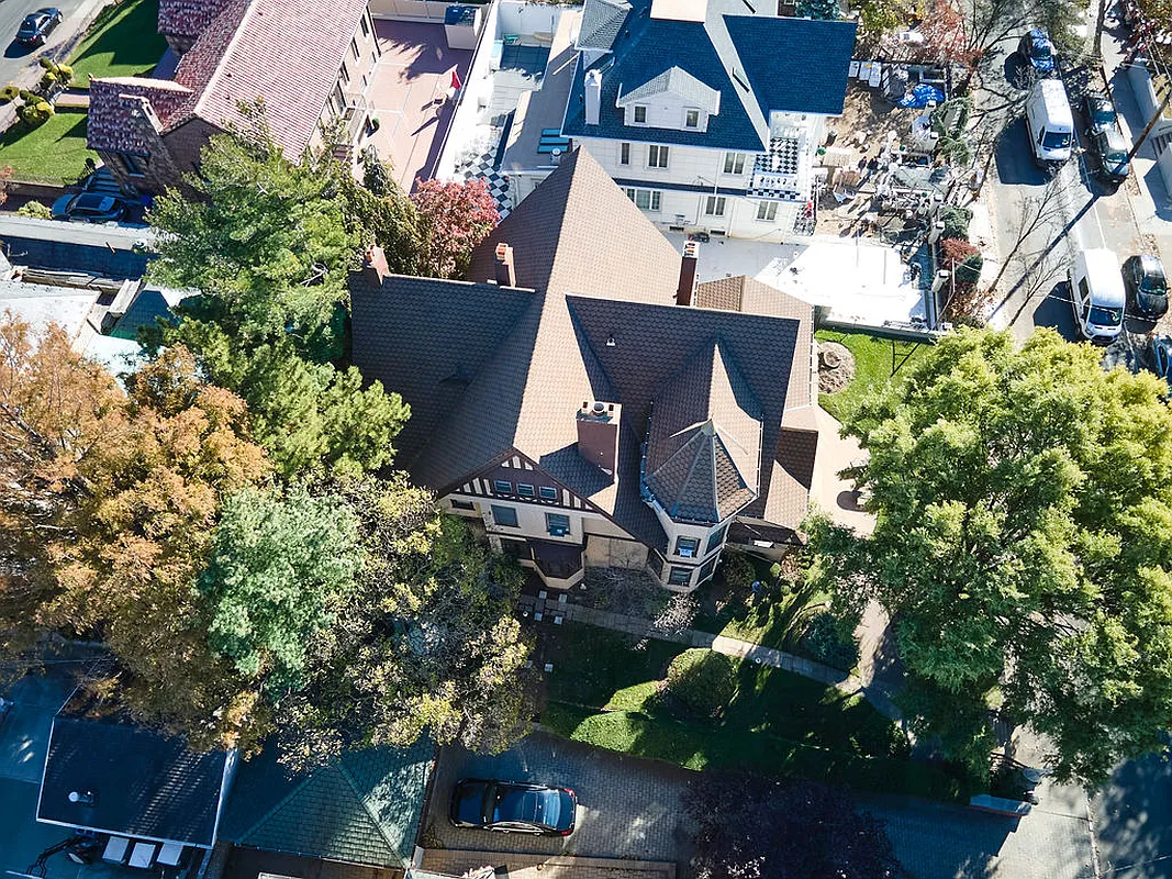 aerial view showing the house and garage