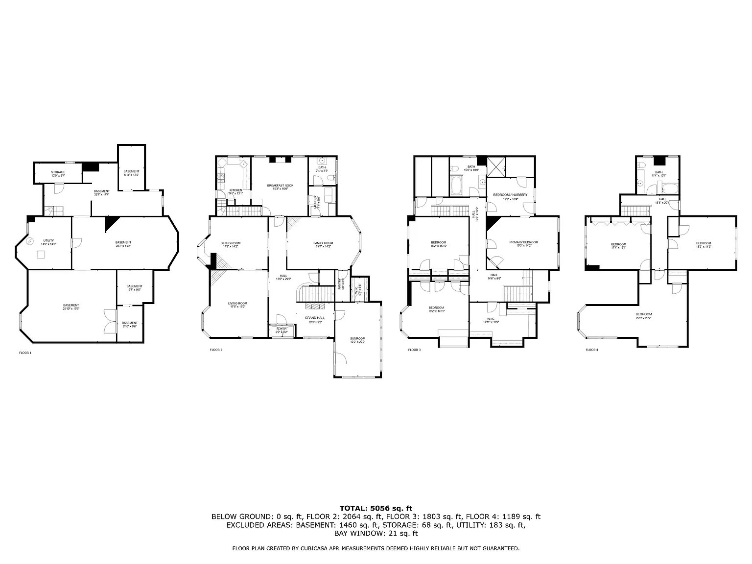 floorplans for four floors including basement with storage space