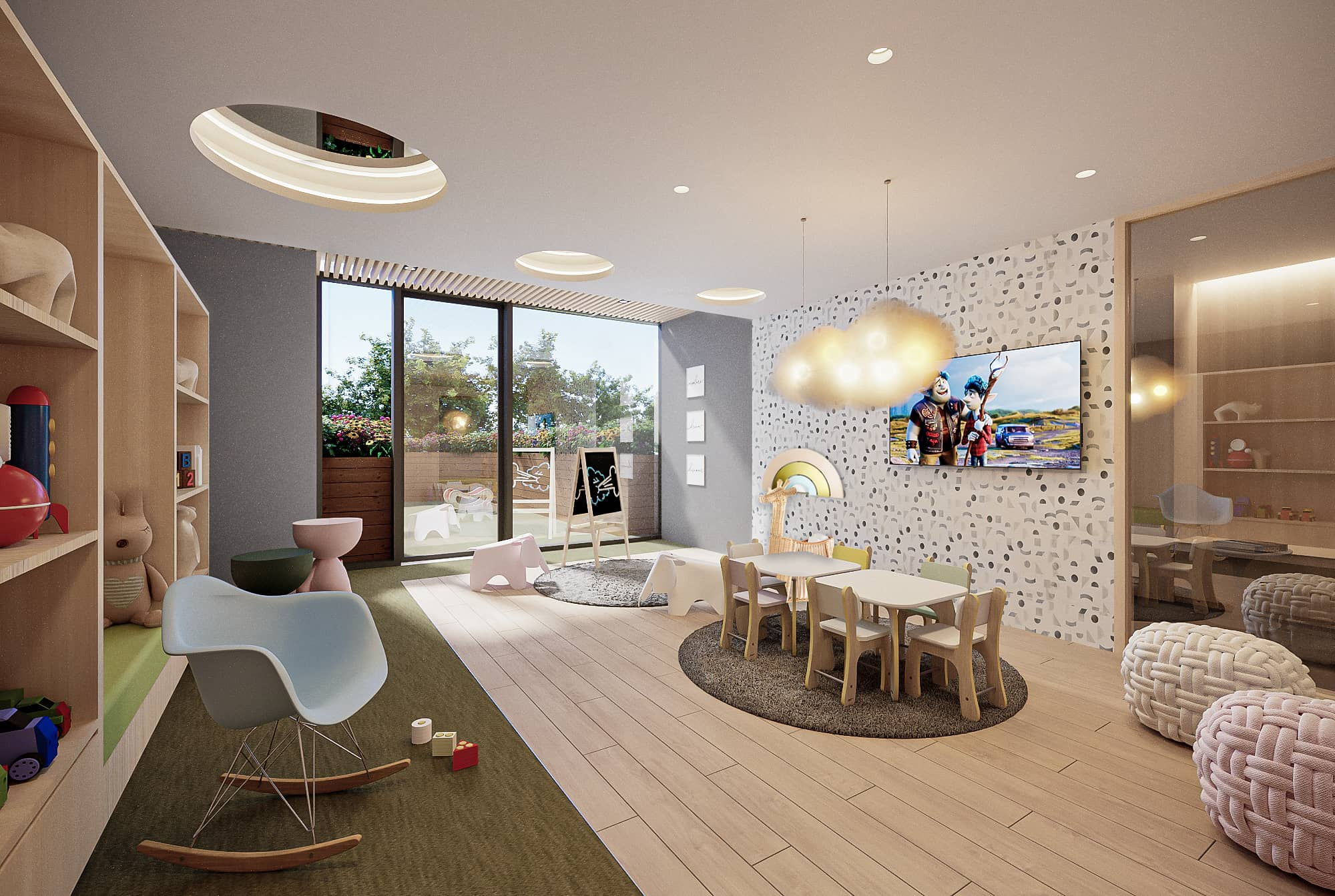 rendering of a play room with view to outdoors