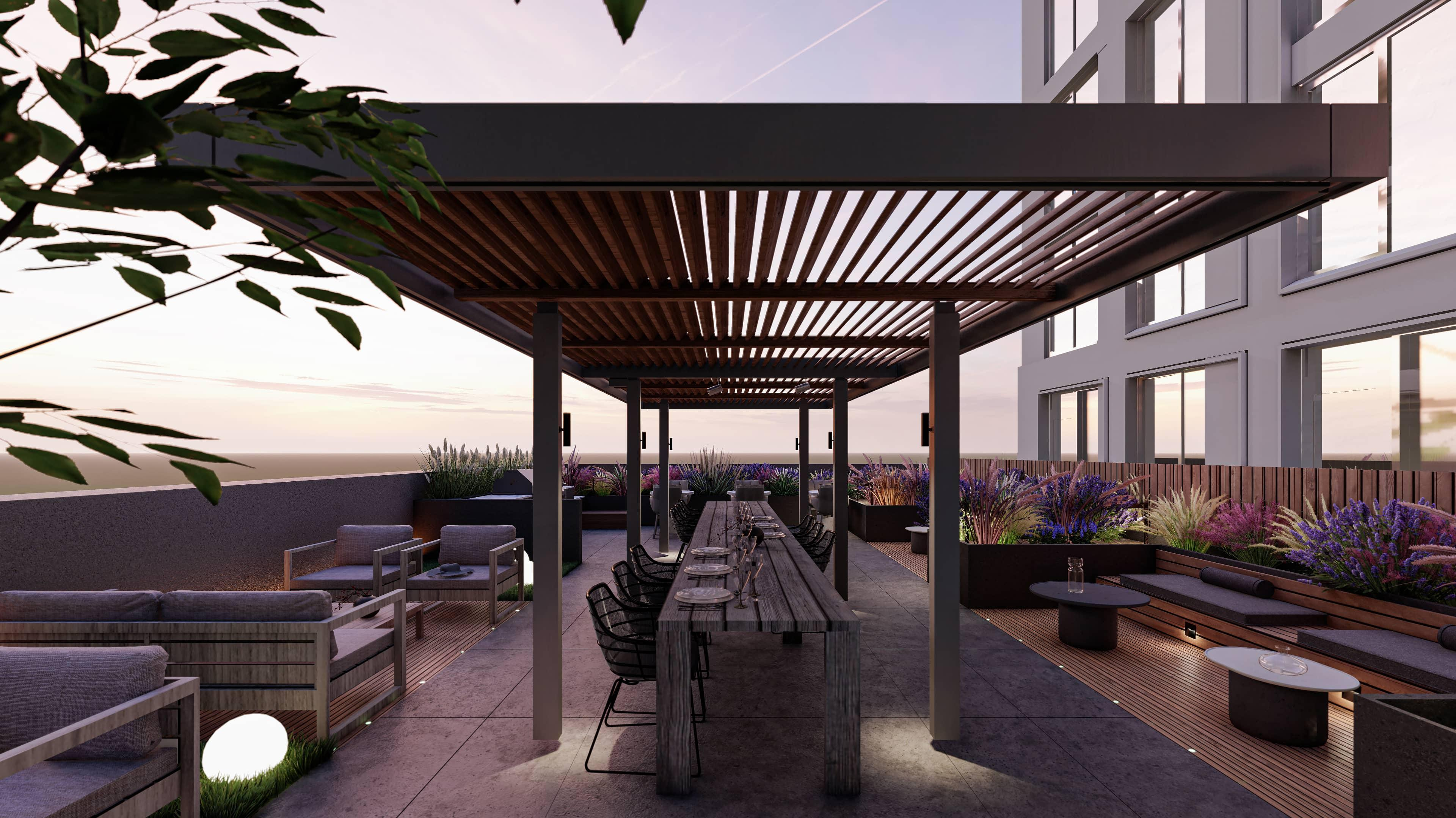 rendering of the roof deck with a table under a pergola