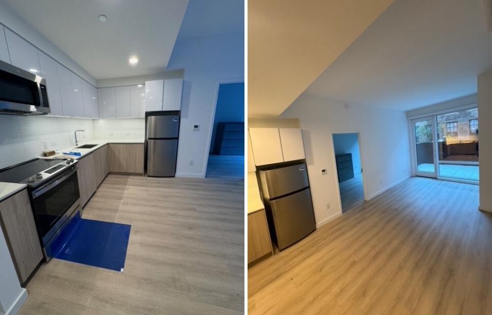 photos showing a kitchen with white upper cabinets and a view into the living room