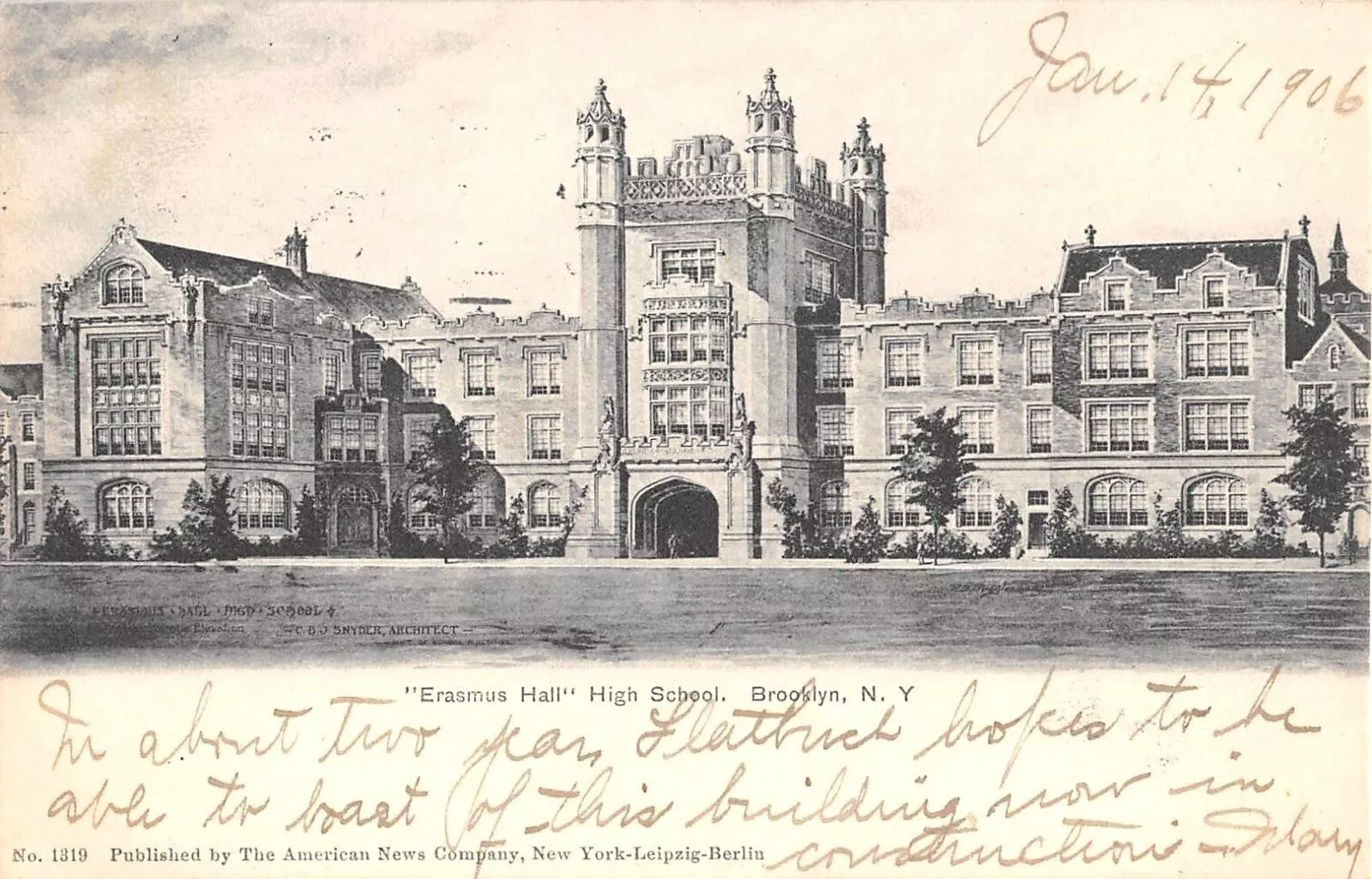 black and white postcard with a message noting the high school was currently under construction