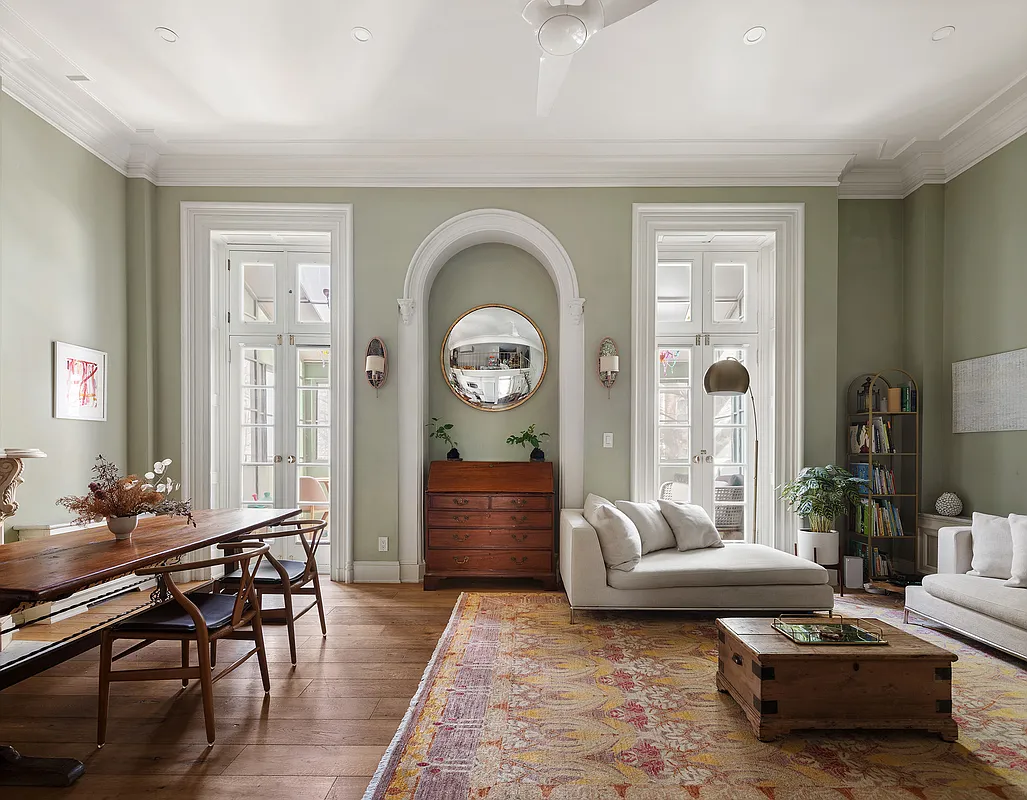 fort greene - living area with french doors to terrace, and arched niche, and wood floor