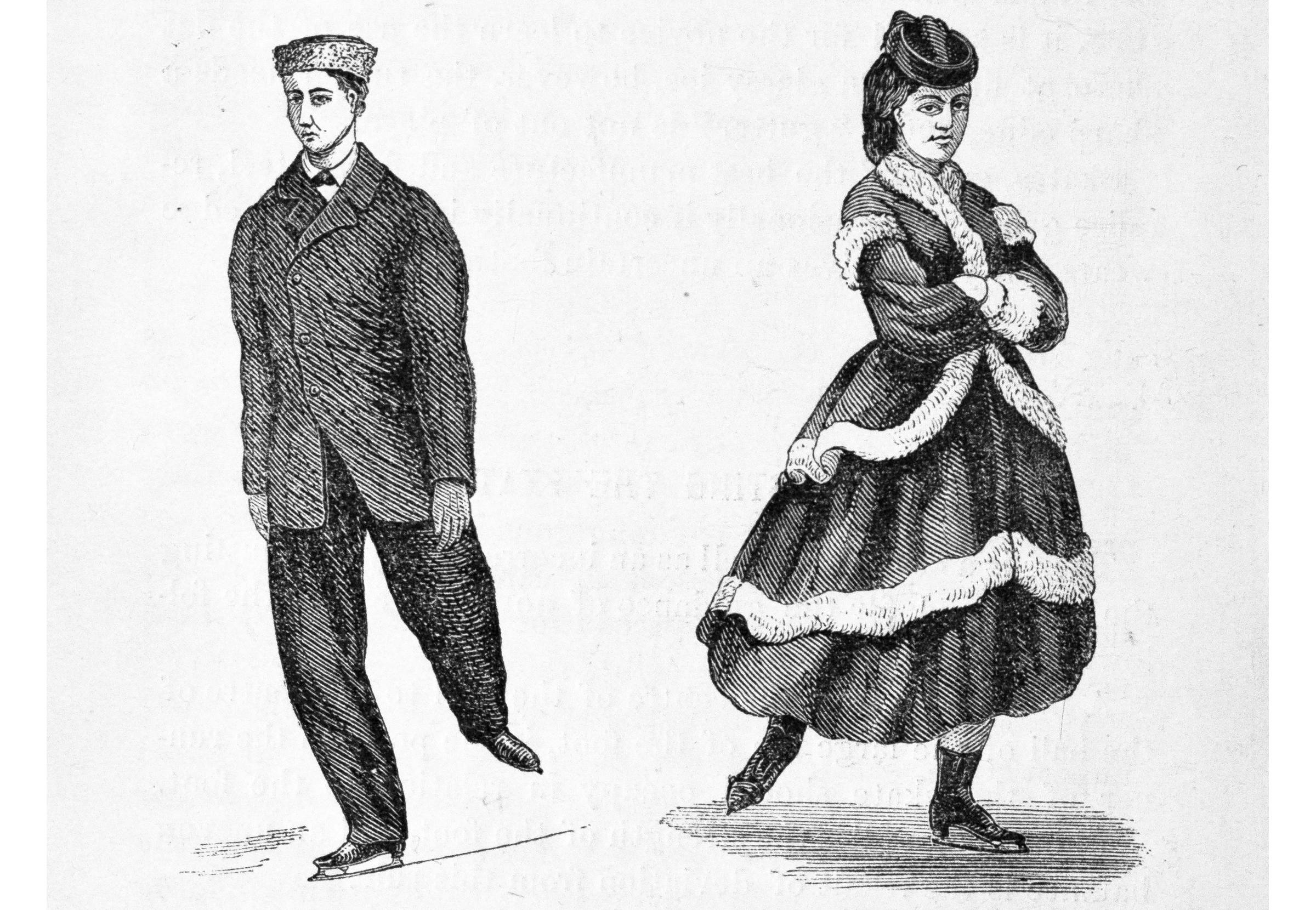 black and white illustration of skating costumes for men and women