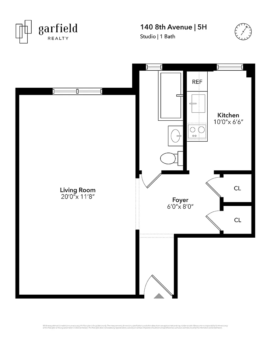 floorplan showing windowed kitchen and a large living room/bedroom