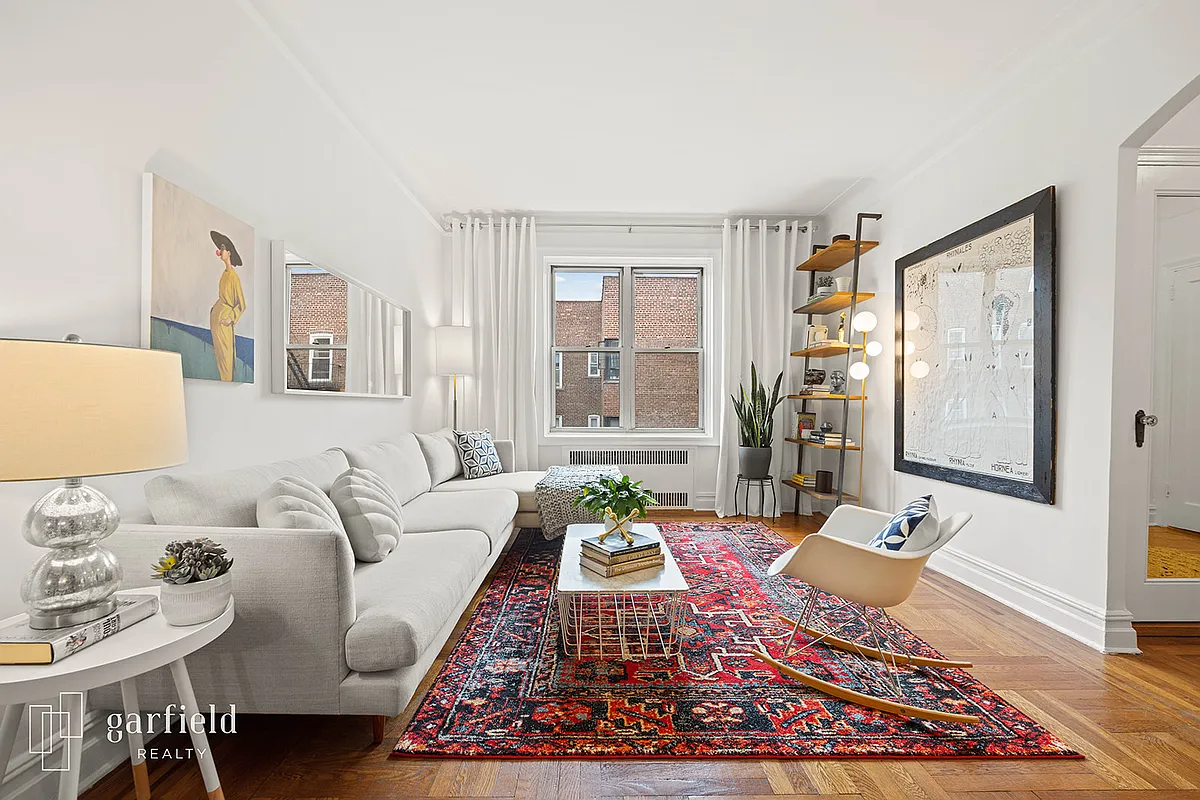 park slope - living room with wood floor, white walls