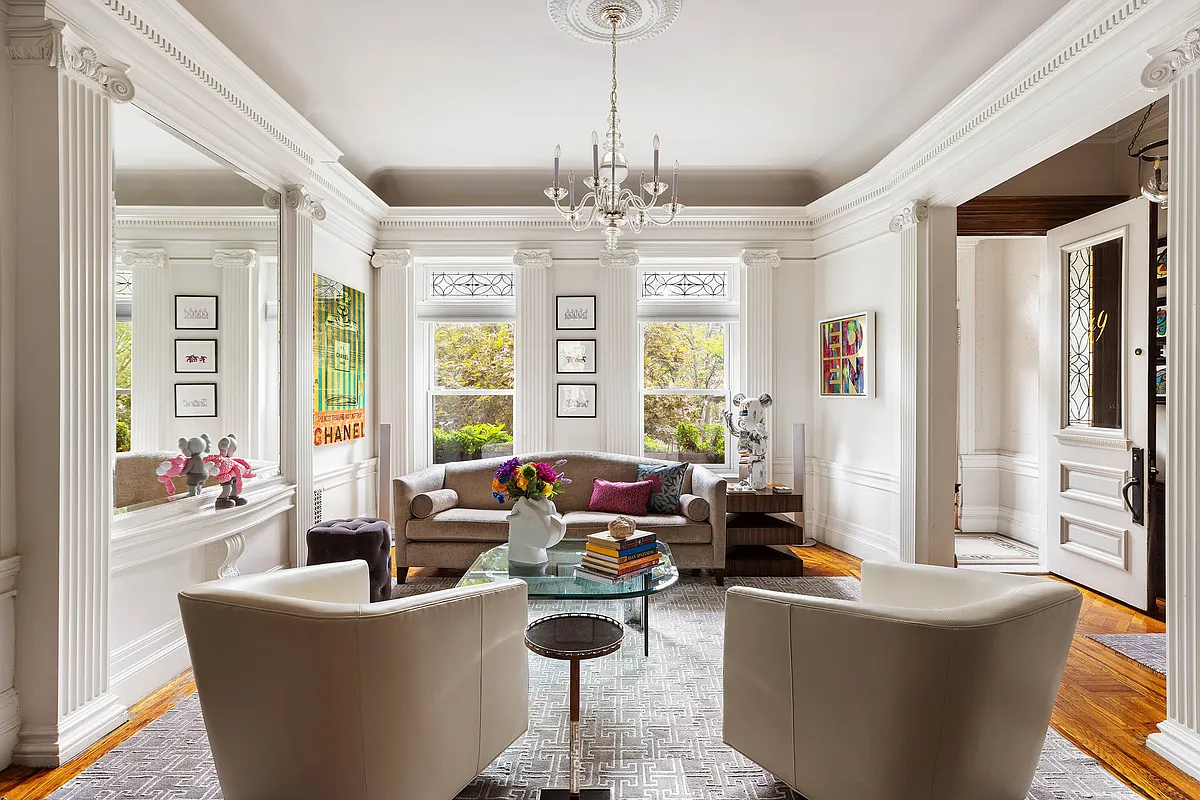 prospect lefferts gardens - parlor with pier mirror, pilasters, wood floor