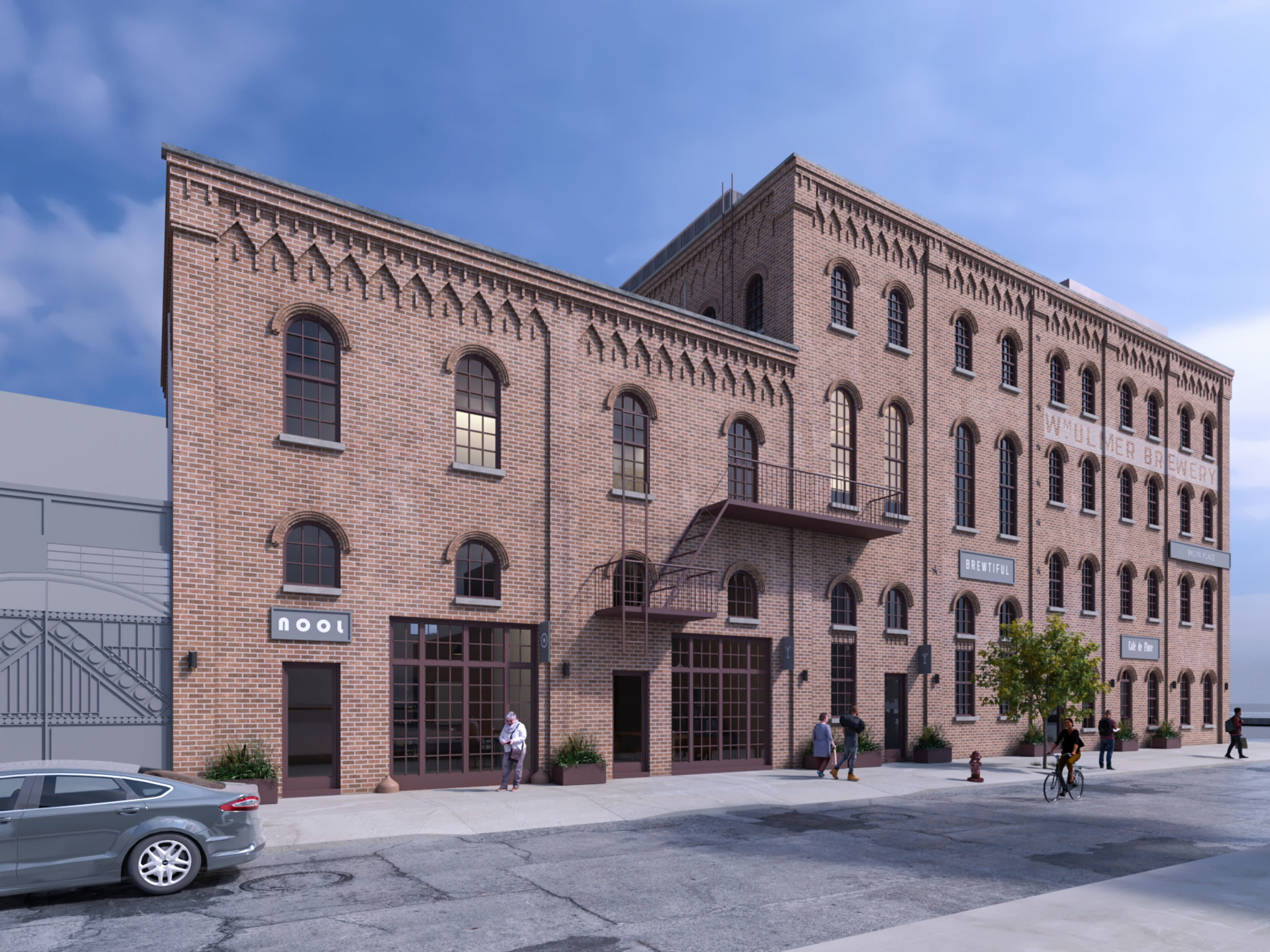 rendering showing view on Belvidere of restored brewery with signage