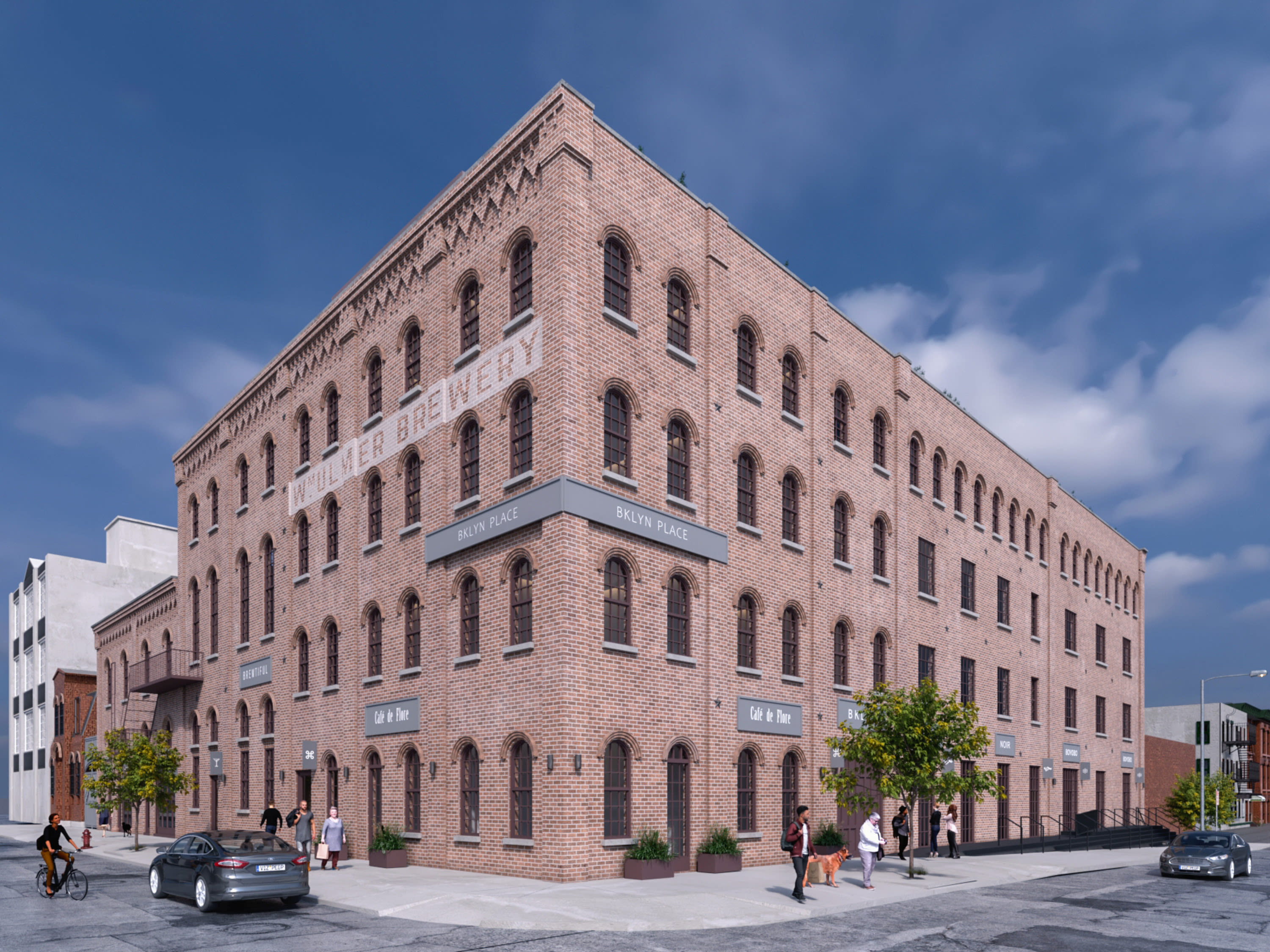 bushwick - rendering showing a restored brewery building with painted sign saying Wm Ulmer Brewery